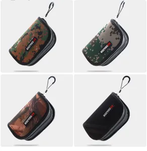 Compact fishing lure bag with carabiner, tactical camo and black tackle storage pouch.