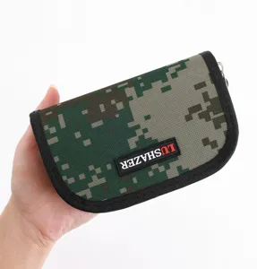 Detail shot of a digital camo fishing lure bag with zipper closure and brand logo label.