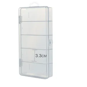 Transparent PP plastic 5-grid fishing tackle box, durable multi-compartment storage case.