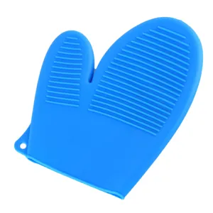 Blue silicone oven mitt, heat resistant baking glove, anti-slip kitchen tool for cooking and microwave.