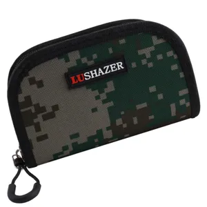Camo fishing lure storage bag with zipper closure and brand label for tackle gear storage