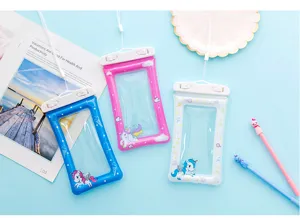 Large cartoon waterproof phone pouch with strap, touch screen friendly dry bag for swimming.