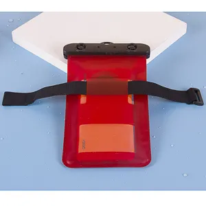 Universal waterproof phone pouch with armband, red clear PVC dry bag for swimming and beach.