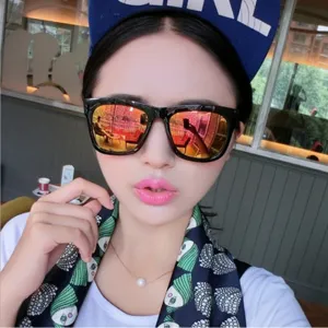 Fashion women sunglasses with colorful reflective lenses, stylish square frame for outdoor wear.