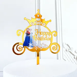 Gold acrylic birthday cake topper with princess carriage crown design for party decor.