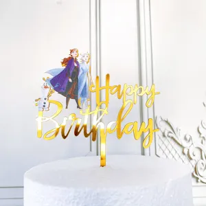 Frozen theme acrylic cake topper with golden happy birthday text for party decoration use.
