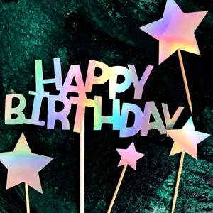 Holografischer Happy Birthday Tortenaufsatz Set mit Sternen für Party Backen.
