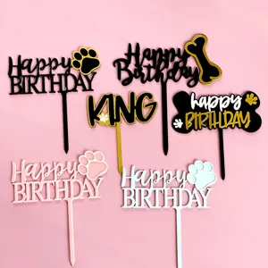 Set topper per torta di compleanno per animali in acrilico con osso e stampa di zampe.