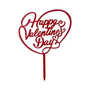 Topper de pastel corazon de acrilico rojo con texto Happy Valentines Day para fiesta