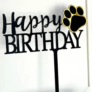 Topper per torta di compleanno per animali in acrilico con design a zampa dorata.