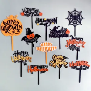 Adornos para Tarta de Halloween de Acrílico Doble Capa Letras Happy Halloween Telaraña Calabaza Sombrero de Bruja Decoración
