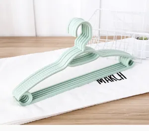 Detail view of light green plastic clothes hangers, non-slip design for home use.