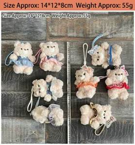 Cute plush teddy bear keychain with plaid skirt soft doll bag pendant gift 14cm