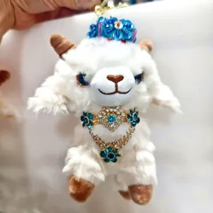 Schattige pluche schaap sleutelhanger met blauwe pailletten bloem strass, zachte tas hanger.