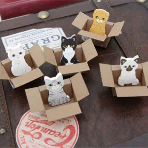 Cute cartoon cat sticky notes in mini cardboard boxes, creative memo pads for daily office.