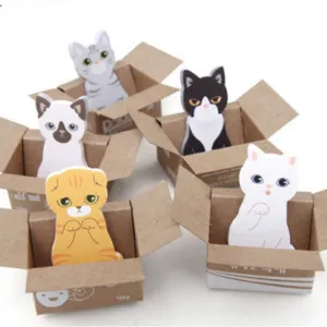 Cute cat sticky notes set in mini cardboard boxes, creative memo pads for school and office use.