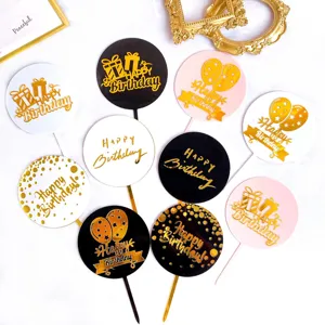 Pic à Gâteau Happy Birthday en Acrylique Double Couche Miroir Feuille d'Or Rond Boîte Cadeau Ballon Design Anniversaire Fête Dessert Décoration