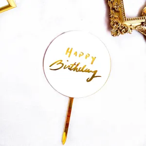 Cake topper rond en acrylique avec texte Happy Birthday doré pour déco de fête d'anniversaire.