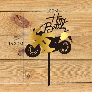 Moto anniversaire gateau topper acrylique noir et or fete decoration de table 10x15cm