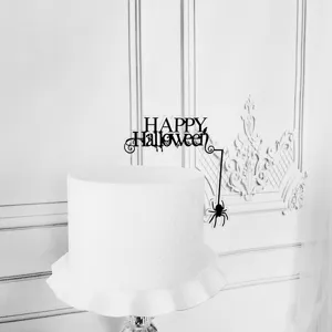 Μαύρο ακρυλικό topper τούρτας Happy Halloween με λεπτομέρεια αράχνης σε μινιμαλιστικό στιλ.