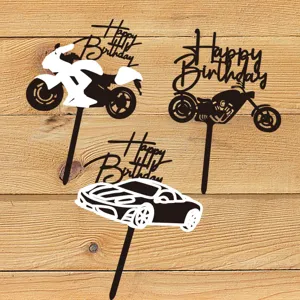 Ensemble de topper de gâteau d'anniversaire avec moto et voiture de sport.