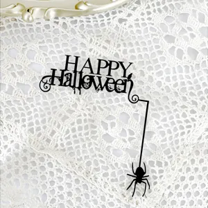Μαύρο ακρυλικό topper τούρτας Happy Halloween με σχέδιο αράχνης για αποκριasτικη διακόσμηση.