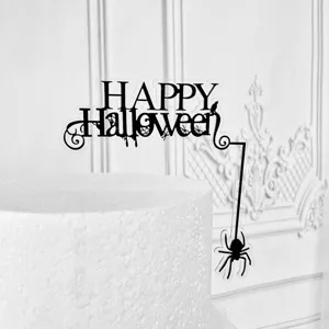 Μαύρο ακρυλικό Happy Halloween τοππερ για τούρτα με αράχνη για πάρτι διακόσμηση.