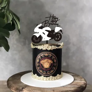 Topper de gâteau d'anniversaire moto en acrylique noir pour décoration de fête.