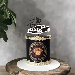 Topper de gâteau Happy Birthday voiture en acrylique, déco table de fête élégante or.