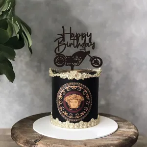 Luxueux topper de gateau d'anniversaire de moto et decoration de gateau noire elegante.