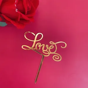 Gold acrylic Love cake topper detail, perfect for Valentine's Day party and romantic dessert decor.