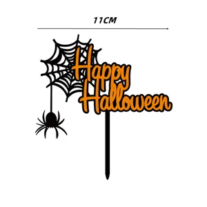 Halloween taartdecoratie acryl spinnenweb zwart oranje feest dessert topper 11cm