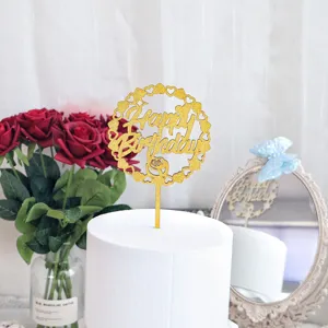 Topper per torta di buon compleanno in legno glitter oro con design a rosa e cuore per feste