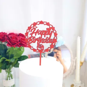 Topper per torta di buon compleanno in legno glitter rosso per feste e celebrazioni.
