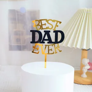 Father's Day acrylic cake topper detail view, showing the gold and black Best Dad Ever text design.