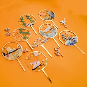 Set de adornos para tartas de metal estilo chino con panda grulla conejo pagoda fiesta