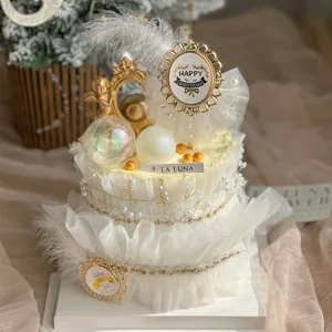 Ακρυλική Διακόσμηση Τούρτας Happy Birthday Με Τεχνητό Μαργαριτάρι Στρας Φούστα από Γάζα Φτερό Διακόσμηση Τούρτας