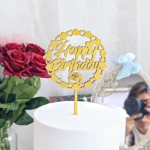 Topper per torta buon compleanno in legno glitter oro decorazione festa dessert.