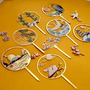 Set de adorno para pastel de acrílico estilo chino con pandas y conejitos bonitos.