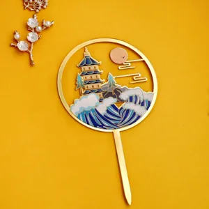 Adorno de tarta estilo chino redondo pagoda ola diseno oro acrilico decoracion postre