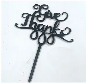 Black acrylic Give Thanks cake topper, perfect for Thanksgiving party dessert decorations.