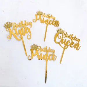 Acrylic Birthday Cake Topper Crown Mirror Gold King Queen Prince Princess Party Decoration Dessert Supplies