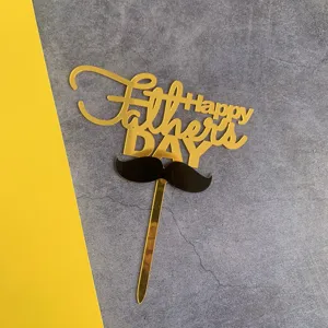 Gold acrylic Father's Day cake topper with black mustache, perfect for dad birthday party.