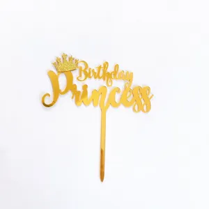 Gold acrylic Birthday Princess cake topper detail, glitter crown design, party dessert decor.