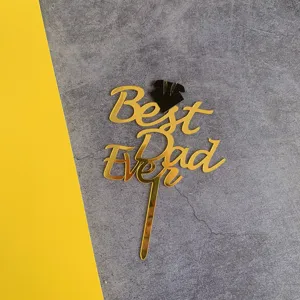 Gold acrylic Best Dad Ever cake topper detail shot, perfect for Father's Day party decor.