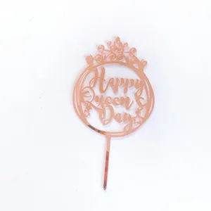 Rose gold acrylic cake topper with crown design, Happy Queen Day party decoration for cake.