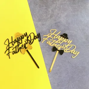 Decorazione per Torta Happy Father's Day in Acrilico Specchio Oro Nero Cilindro Papillon Stile Ins per Festa di Compleanno