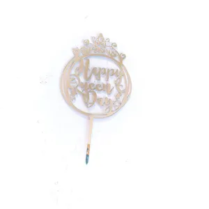 Silver mirror acrylic cake topper with crown shape and Happy Queen Day text design.