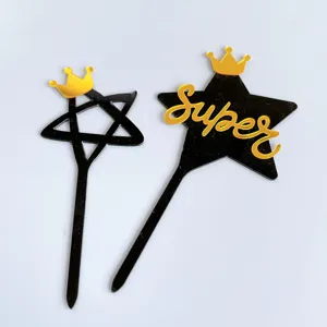 Black gold acrylic cake topper crown star design super baking decoration dessert party
