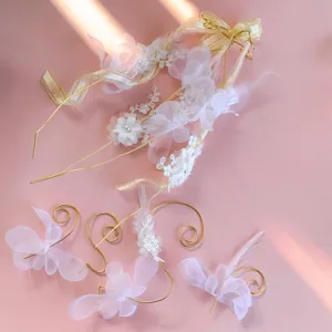 Handmade white organza lace flower and gold wire cake topper dessert decoration set